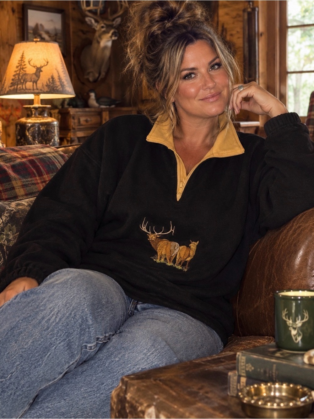 Vintage Black and Tan Quarter-Zip Pullover Deer Embroidery Buck & Doe Large/XL